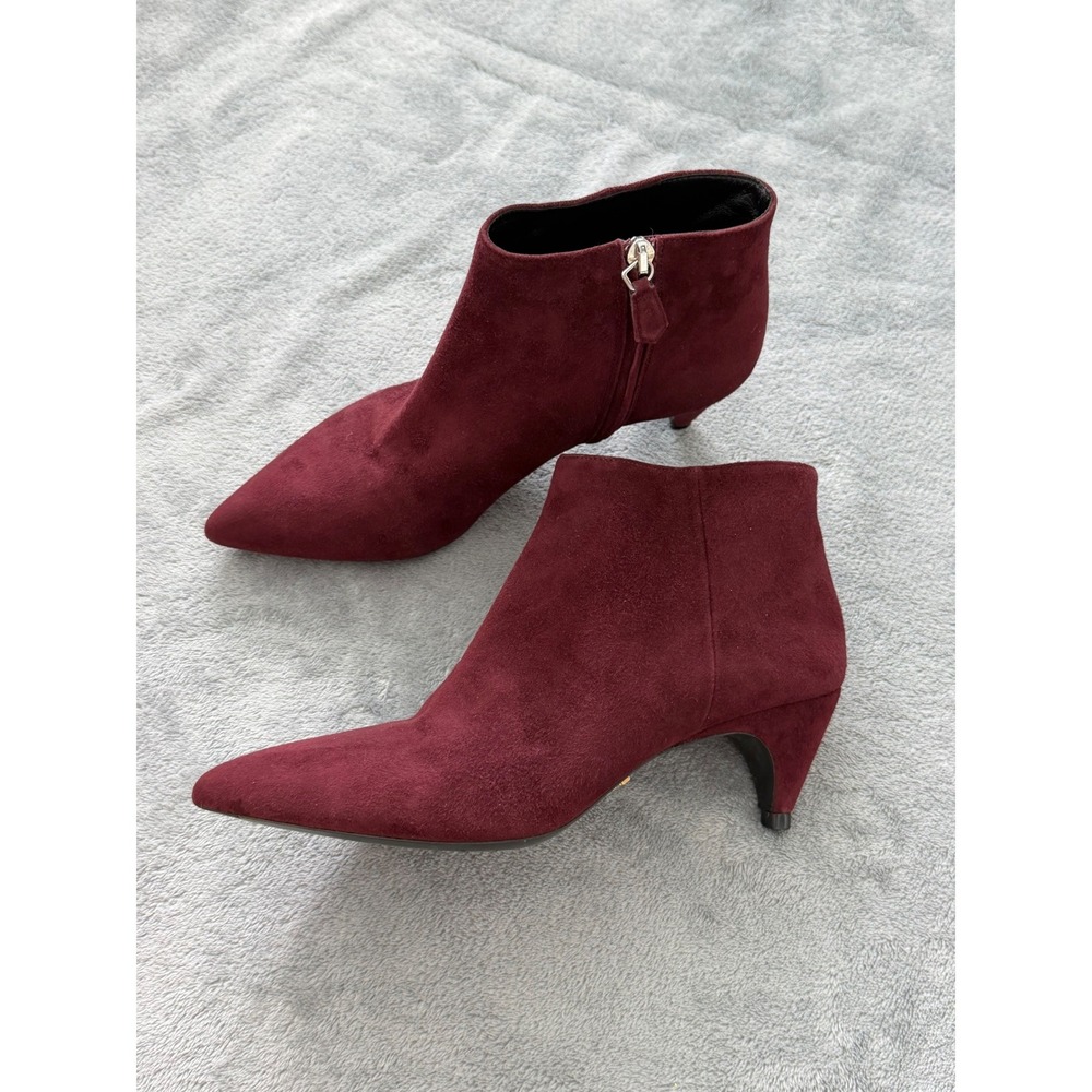 Prada Burgundy Suede Pointed Toe Kitten Heel Ankle Boots Size 37.5 Made in Italy